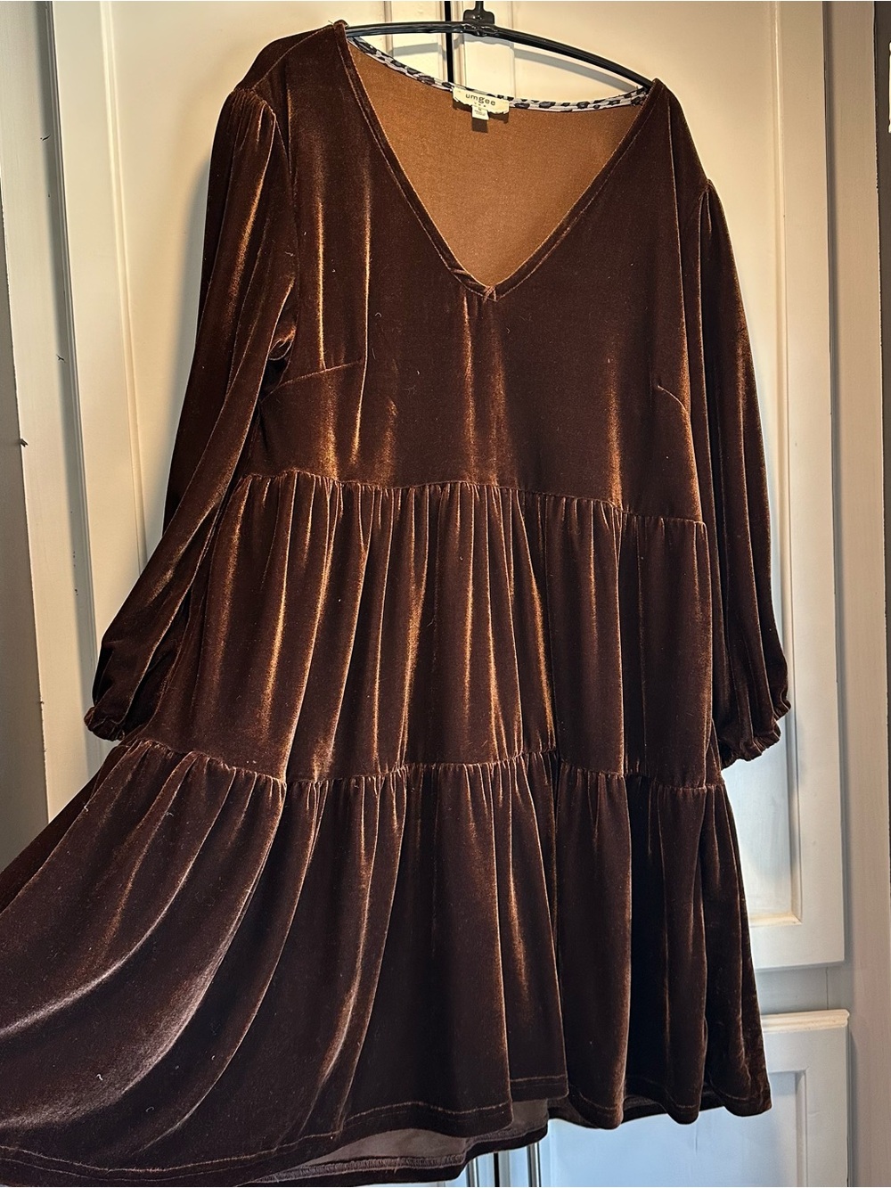 Umgee Brown Tiered Velvet V-Neck Mini Dress